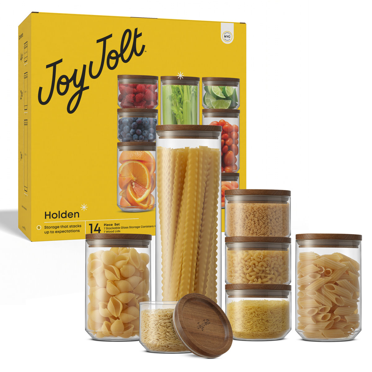 Holden 7-Piece Stackable Glass Storage Canister Set with Wood Lids (Set of 7)